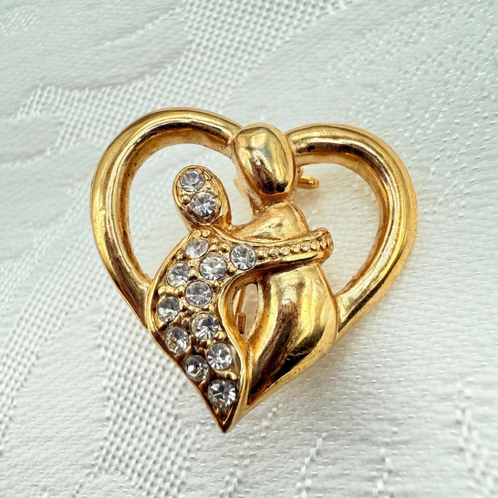 Vintage‎ Roman Gold Tone and Rhinestones Two People Embracing Hugging Heart Pin